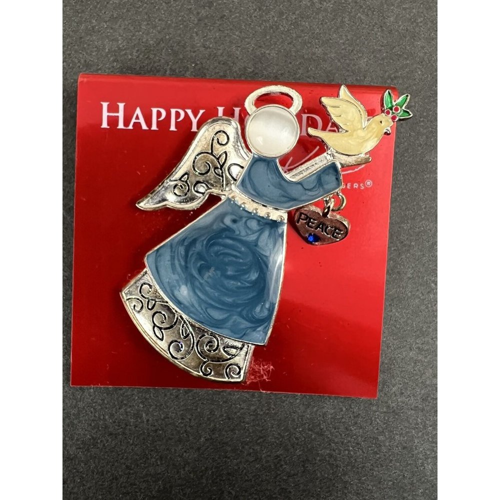 NWT Vtg Christmas Peace Angel Brooch Pin Blue Enamel Cabochon‎ Dove Kim Rogers